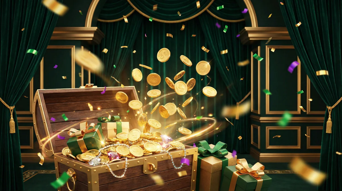 Promoção de bônus com moedas douradas e presentes